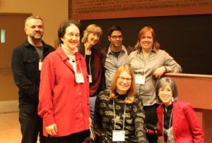 From left: Crispin Thurlow, Naomi Baron, Deborah Tannen, Jannis, Susan Herring, Anna Trested, Cala Zumbair